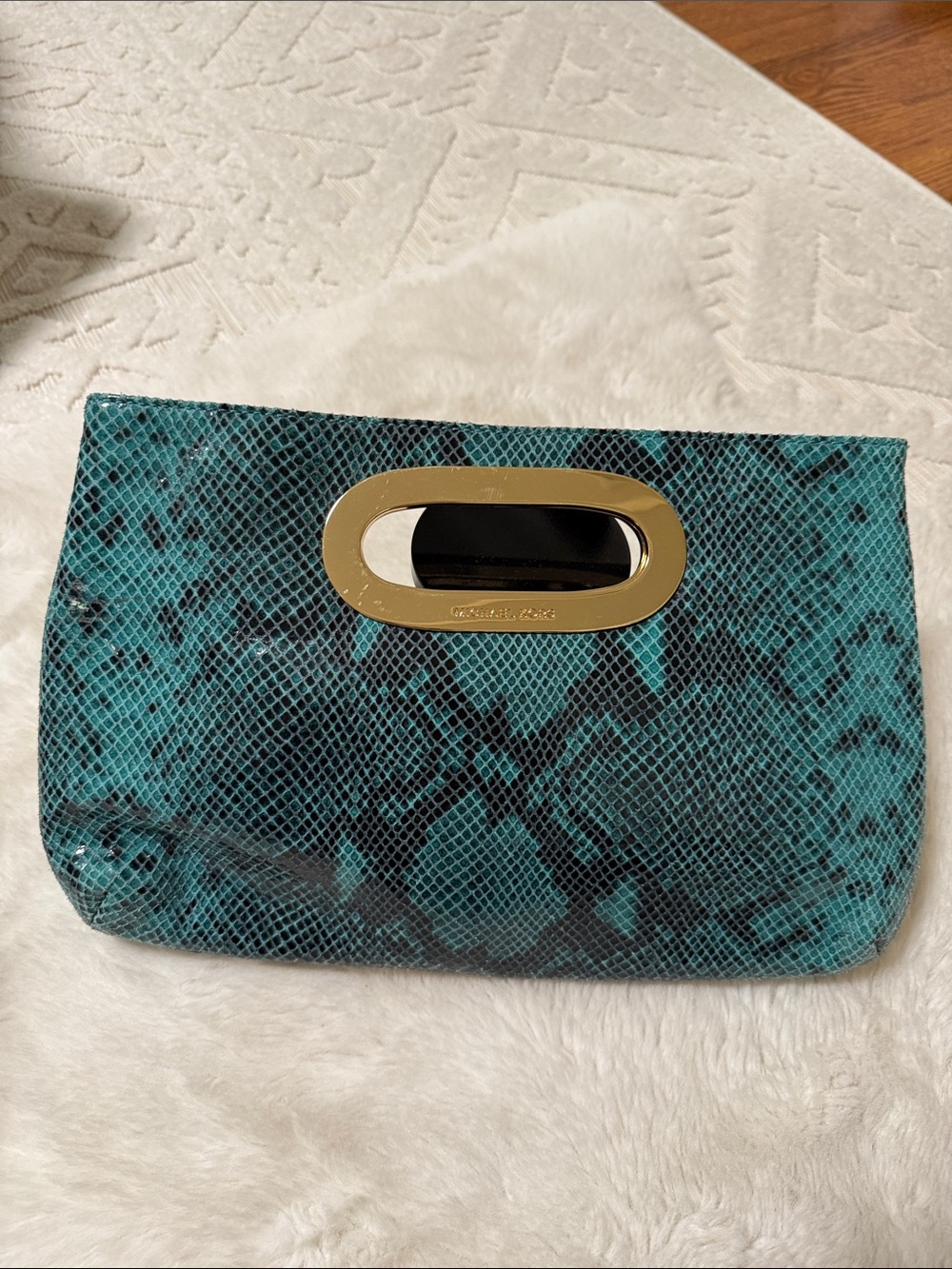 MICHAEL Michael Kors Teal Snake-Print Clutch with Gold-Tone Cutout Handle - Picture 2 of 3